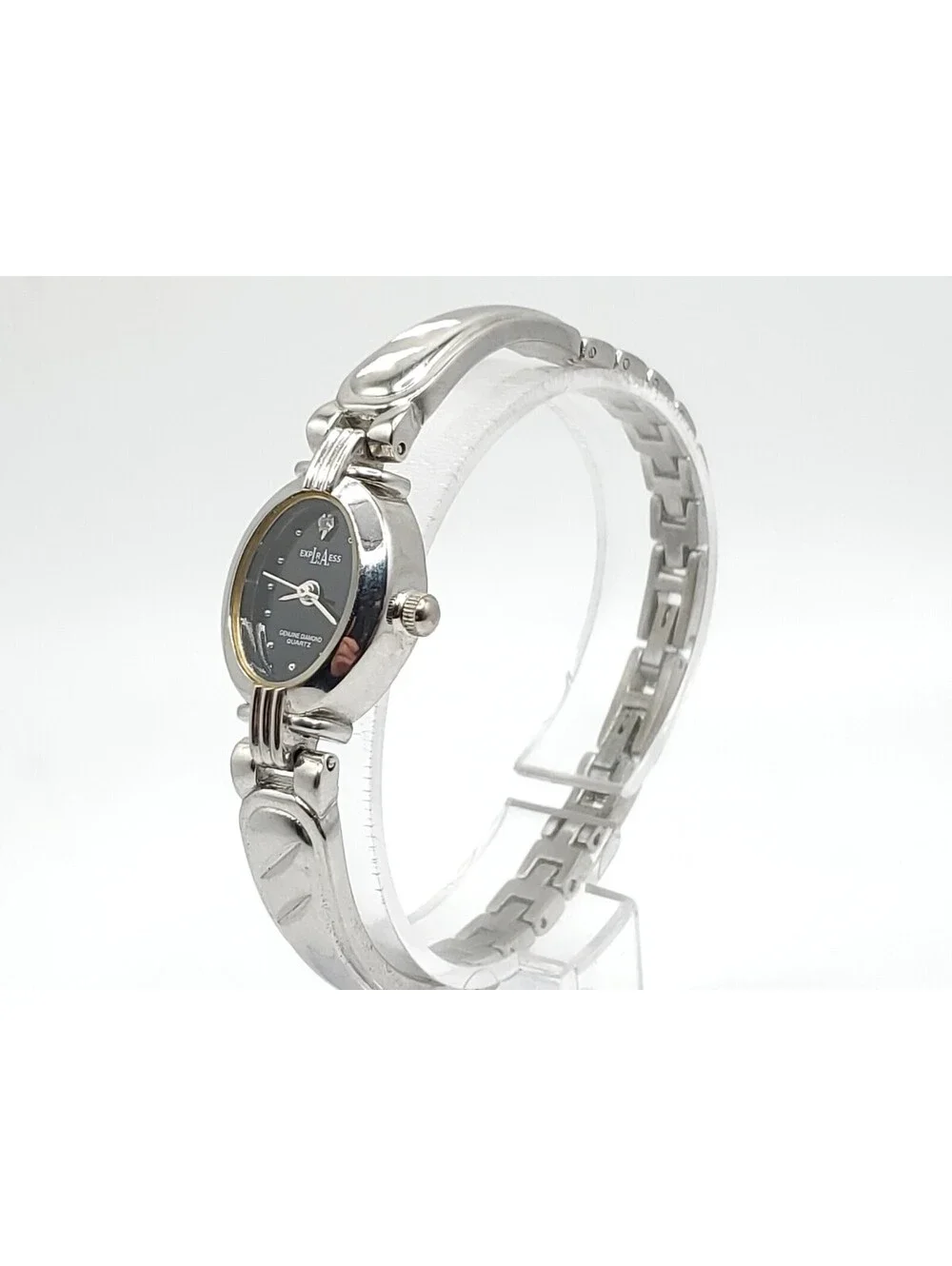 LA Express Quartz Watch 16mm Womens New Battery Silver Tone Black Dial